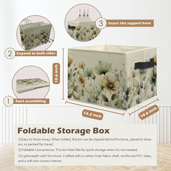 Rustic Floral Storage Box Bins, Sage Green Beige Cottagecore Wildflower Collapsible Storage Basket Organizer for Bedroom Nursery Laundry Room Home Clothes Books, Decor for Room