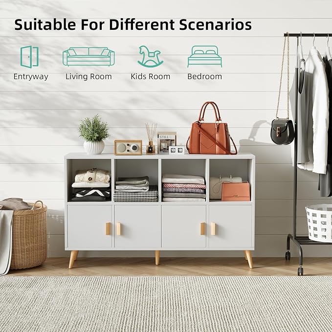 8-Cube Storage Organizer with Doors & 5 Solid Wood Legs, Mid-Century Modern Bookshelf with Seamless Top, Horizontal Cubby Toy Storage for Kids, Sideboard Media Console fits 11" Bins, White