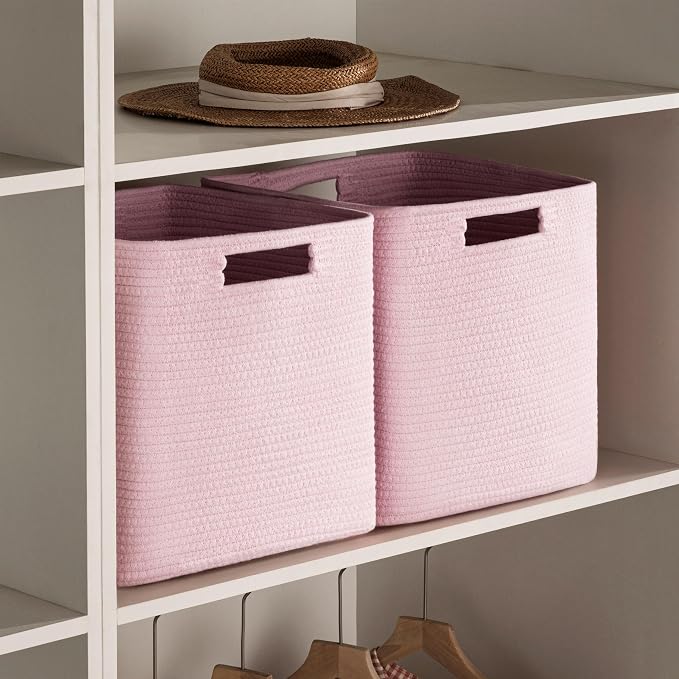 UBBCARE Set of 4 Storage Basket-13 X 13 X 13 in, Cotton Rope Basket for Shelves, Toys, Book, Cube Storage Bins with Handles, Woven Storage Basket for Organizing, Pink