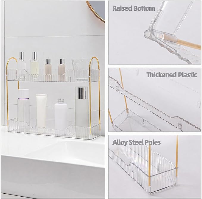 YCIA&DONE 2 Tiers Narrow Vanity Makeup Organizer, Bathroom Organizer Countertop Slim, Perfume Holder Skincare Storage Cosmetic Shelf Spice Rack, for Small Desktop Space, White Clear