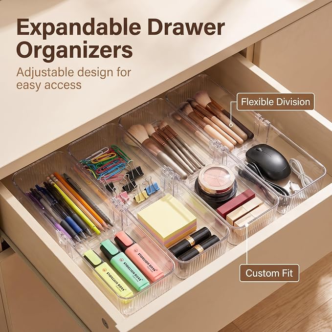 4-Pack Expandable Utensil Drawer Organizer | Clear Plastic Adjustable Storage Trays for Kitchen cutlery, silverware, Refrigerator, Cabinet & Pantry