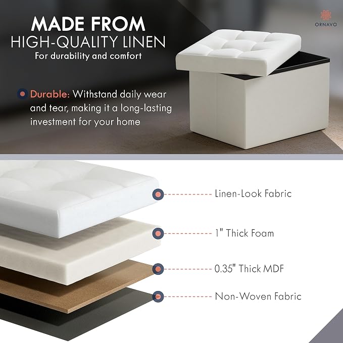 Ornavo Home Small Rectangle Storage Ottoman, Linen, 12x16x12, White | Collapsible Cube Design; Foot Rest Stool Seat; Ideal for Living Room, Bedroom, Home Office or Dorm