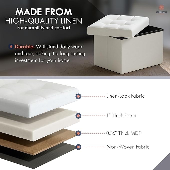 Ornavo Home Small Rectangle Ottoman Set of 2, Linen, 12x16x12, White | Storage Collapsible Design; Foot Rest Stool Seat; Ideal for Living Room, Bedroom, Home Office or Dorm
