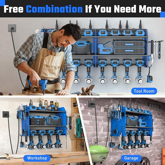 Power Tool Organizer Wall Mount 3 Layer Charging Station with 6 Outlets | Heavy Duty Tool Holder Storage Shelf Rack for Garage, Workbench and Workshop, Black, 4 Drill Holders and Drill Bit Rack, Blue