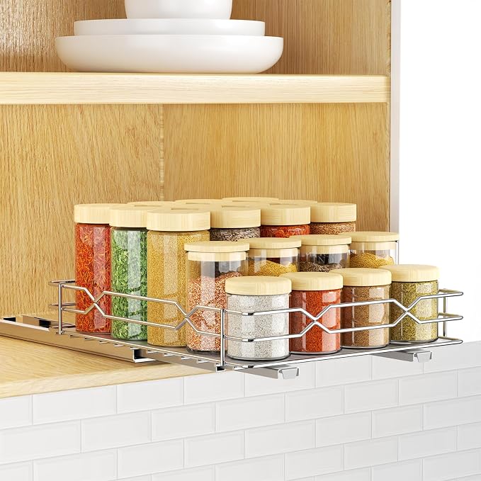 Pull Out Spice Rack Organizer for Cabinet, Chrome, 8.5"W x 10.5"D x 2.5"H | Slide Out Design, No Drill Asembly, Fits Spices, Bottles & Jars, Ideal For Narrow Kitchen Cabinets & Pantry