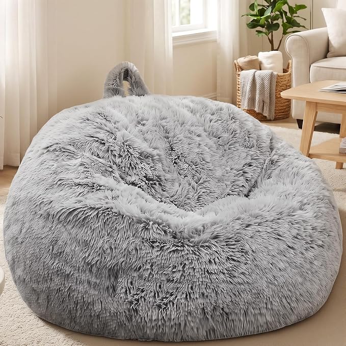 Stuffed Animal Storage Bean Bag Chair Cover, Soft Bean Bag Cover | Fluffy Faux Fur Stuffed Animal Storage Chair, Non-Slip Bottom, Fill with Plush Toys or Blankets, for Adults Teens Kids Girls