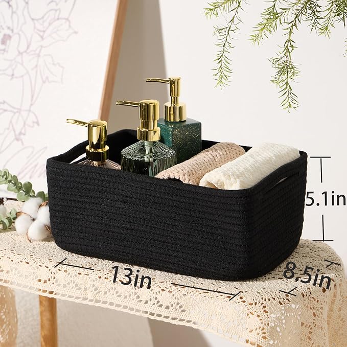 MiniArk Small Storage Baskets for Organizing | Closet Organizer Bins | Shelf Toy Basket | Woven Rope Baskets | Cube Decorative Box | Shallow Basket | 13x8.5x5.1” | 3 Packs Black