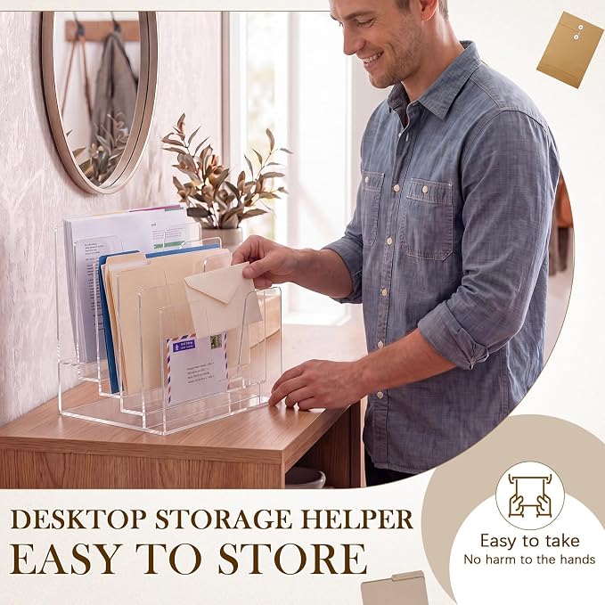 5 Section Clear Acrylic File Organizer, Inclined Desktop File Sorter with 4mm Thick Panels, Vertical Document Holder for Letter Size Papers, Mail, Magazine, Home Office School