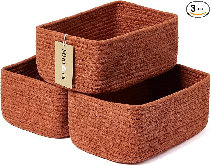 MiniArk Small Storage Baskets for Organizing | Closet Organizer Bins | Shelf Toy Basket | Woven Rope Baskets | Cube Decorative Box | Shallow Basket | 11.5x7.5x4.7” | 3 Packs Oxide Red