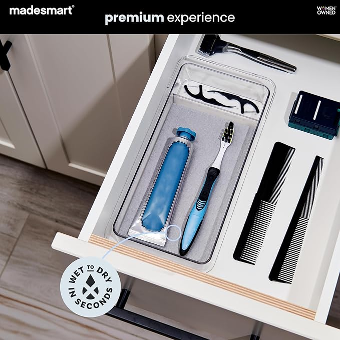 madesmart Drying Stone Drawer Organizer, Clear | diatomite, fast drying surface, divided layout, toothpaste floss, dental items, bathroom counter, woman owned