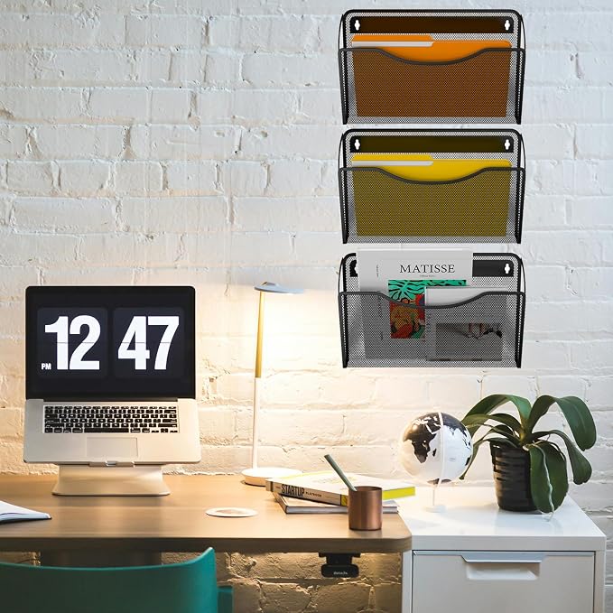 Gawerk 3 Pack Wall File Organizer, Mesh Wall File Pocket Mail Organizer Hanging Metal Vertical Wall Mounted File Holder for Office/Home