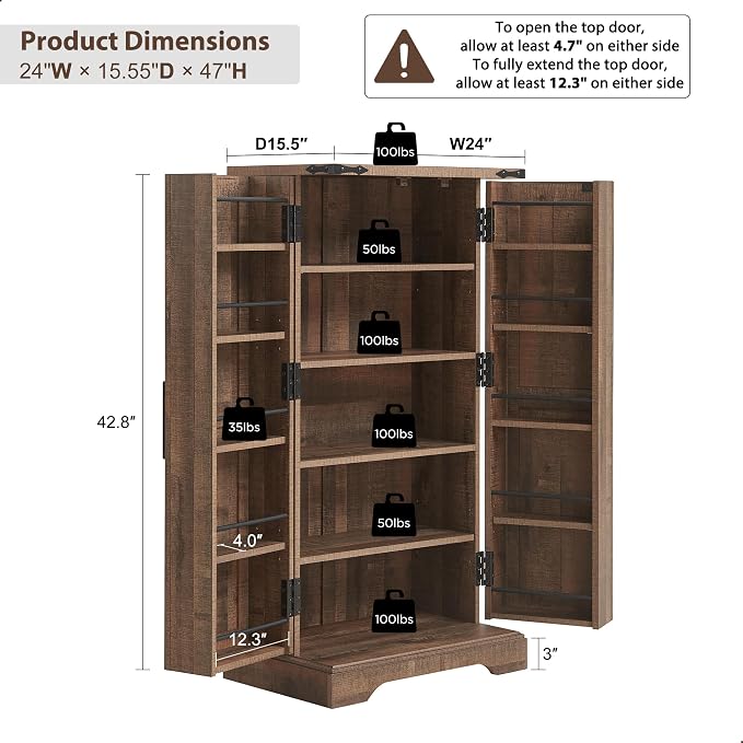 47" Tall Wooden Pantry Storage Cabinet with Door Shelves | Farmhouse, Barn Doors, Adjustable Shelves, Freestanding, Anti-tip Kit, for Kitchen, Dining Room, Living Room