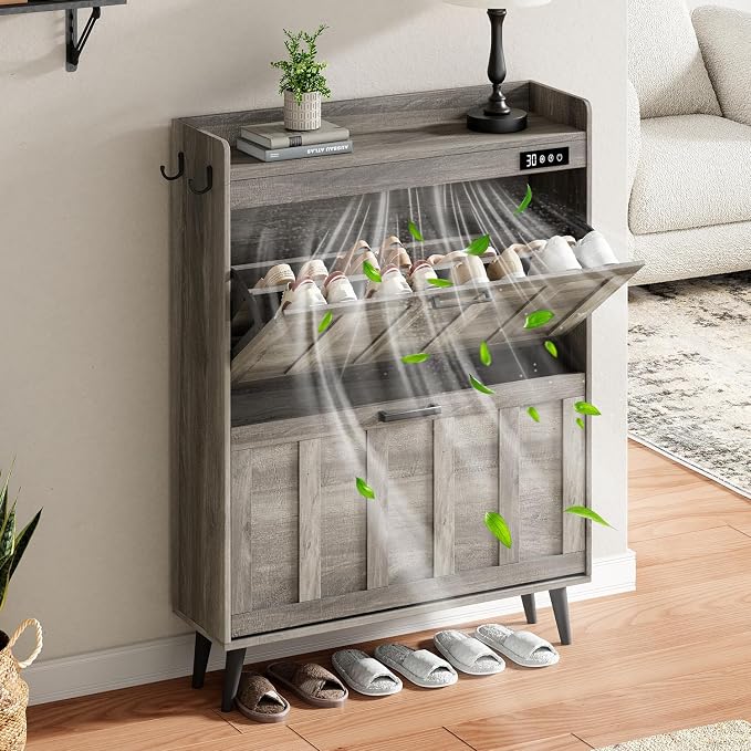 ChooChoo Shoe Storage Cabinet with 2 Flip Drawers and Deodorizer | Shoe Organizer Storage for Entryway, Freestanding Hidden Slim Narrow Shoe Rack Cabinet, Grey