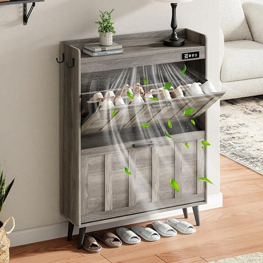 ChooChoo Shoe Storage Cabinet with 2 Flip Drawers and Deodorizer | Shoe Organizer Storage for Entryway, Freestanding Hidden Slim Narrow Shoe Rack Cabinet, Grey