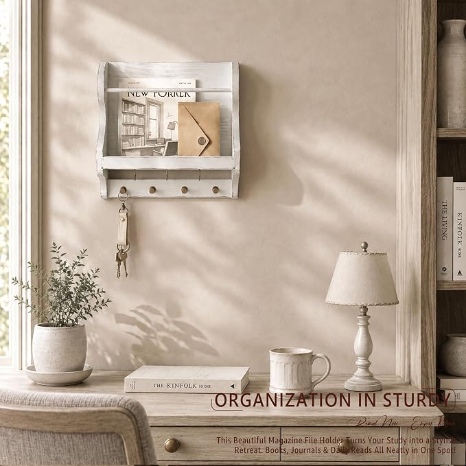 Pine Wood Mail Organizer Wall Mount with 7 Hooks for Home Decor, Whitewash | Mail Holder for Wall, Sunglasses and Wallets, Key Hanger, Farmhouse Magazine Holder, Wall Storage, Apartment Rustic Aesthetic