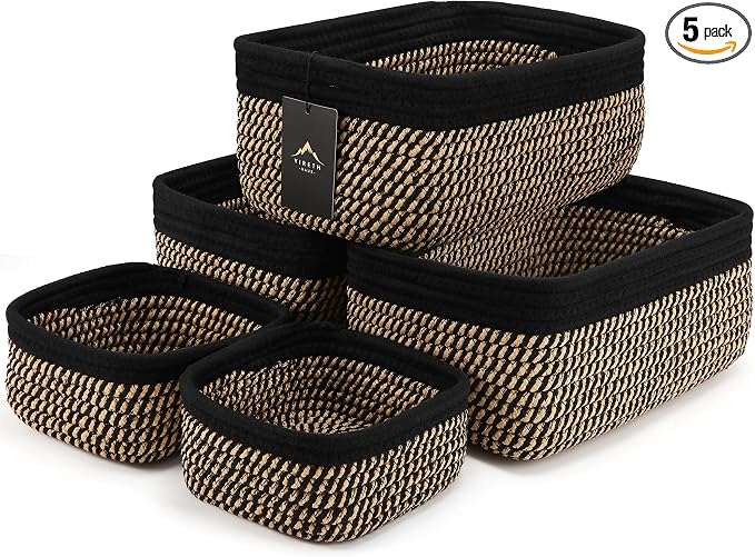 5-Pack Small Woven Rope Storage Baskets, 2 Sizes Organizer Bins | Fabric Cube Boxes and Rectangular Shallow Bins for Closet, Shelf, Bookshelf, Nursery, Changing Table, Bathroom, Toys & Home