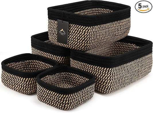 5-Pack Small Woven Rope Storage Baskets, 2 Sizes Organizer Bins | Fabric Cube Boxes and Rectangular Shallow Bins for Closet, Shelf, Bookshelf, Nursery, Changing Table, Bathroom, Toys & Home