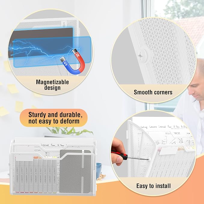 Docnest 3 Pack 2 Tier Dual-Mount Magnetic Mesh File Holders, Wall Organizer | Mount magnets or screws. 2-in-1 hanging mesh mail letter organizer with hooks for office and home clutter