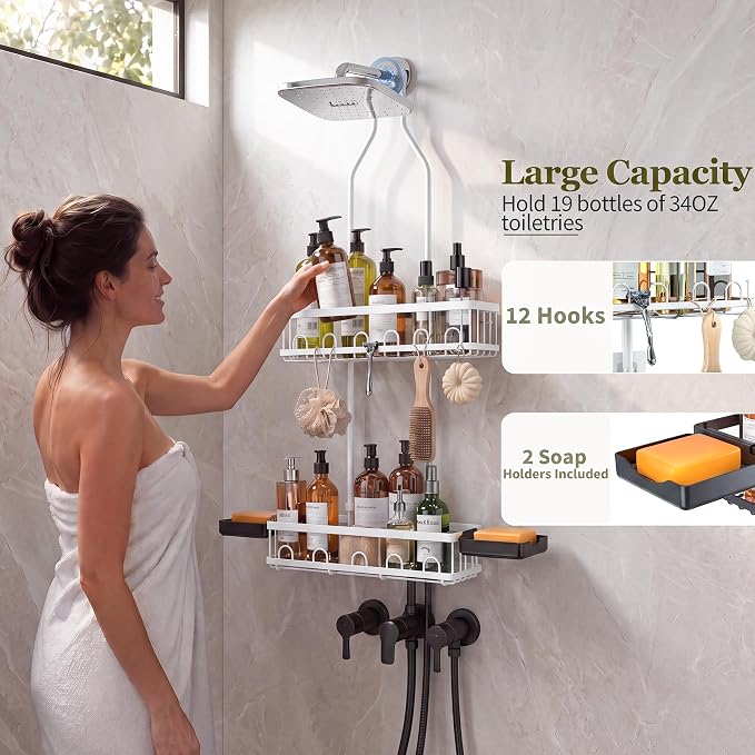 Skyapex Shower Caddy Hanging: Adjustable Height Organizer for Over Showerhead - Rustproof Shower Shelves with Hooks & 2 Soap Holders, White