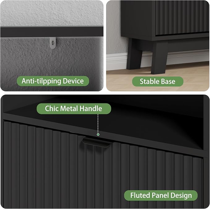 Xixini Shoe Cabinet with 4 Flip Drawers, 46" Tall Narrow Fluted Shoe Storage Organizer for Entryway, Hidden Slim Wooden Shoe Rack Cabinet for Front Door Entrance, Hallway, Living Room, Solid Black