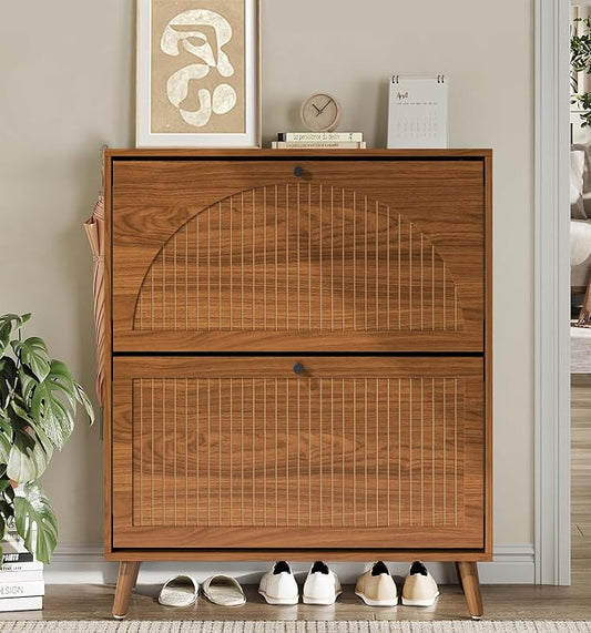 Fsbecl Shoe Storage Cabinet for Entryway with 2 Flip Drawers, Narrow Wood Shoe Cabinet with Fluted Panel, Freestanding Hidden Shoe Organizer for Hallway