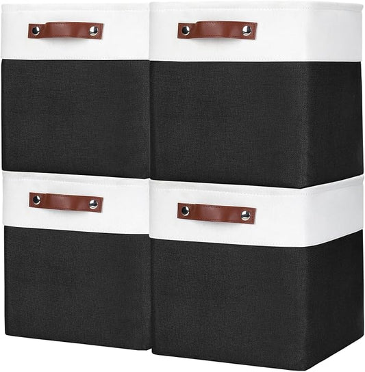 Bagnizer Collapsible Fabric Storage Cubes 11x11 Cube Storage Bins, 4 Pack Closet Baskets Box with Handles for Organizing, Shelf, Toys, Clothes, Home, Office, Nursery (Black&White)