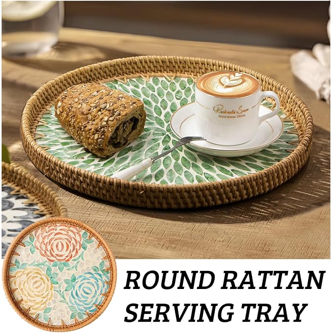 Round Rattan Tray with Mother of Pearl Inlay, Wooden Base | Coffee Table Serving Tray, Home Decorative Wicker Woven, for Outoor Patio Decor