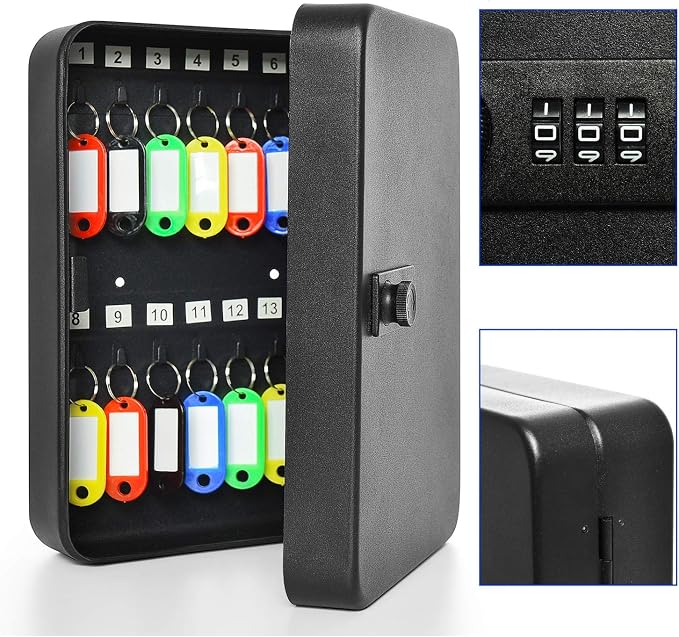 28 Key Cabinet Wall Mount, Steel Key Box Wall Mount with Code, Combination Lock Box with Code, Featuring Hooks and Tags