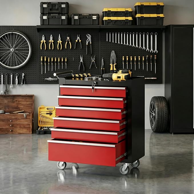 Garvee Rolling Tool Chest, 6 Drawers Tool Storage Cabinet, Toolbox with Wheels, Portable Tool Cabinet Organizer with Locking System & Drawer Liners, Tool Storage Cart for Garage, Workshop, Black＆Red