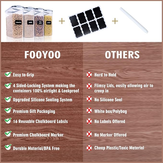 FOOYOO Cereal Containers Storage Set - 4 Piece Airtight Large Food Storage Containers(135.2oz), BPA Free Dispenser Plastic Cereal Storage Containers