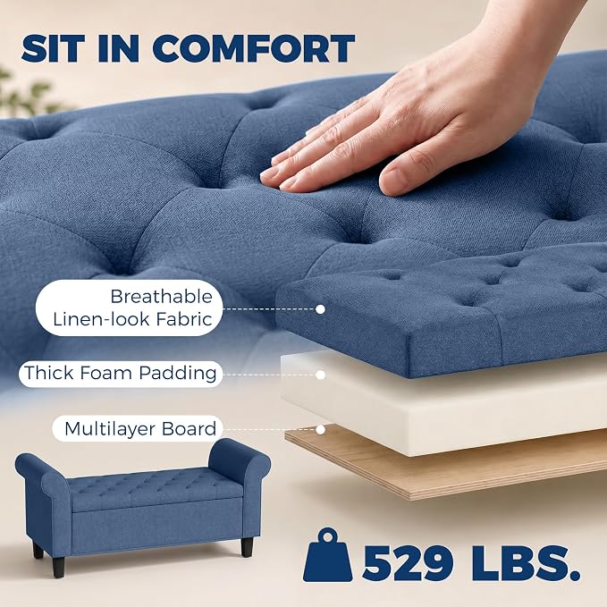 HOMCOM 47" Ottoman wih Storage End of Bed Bench with Rolled Arms Blue | Long Ottoman with Storage Chest, Safety Hinge, Wooden Legs, Upholstered End of Bed Bench, Bedroom Entryway Living Room