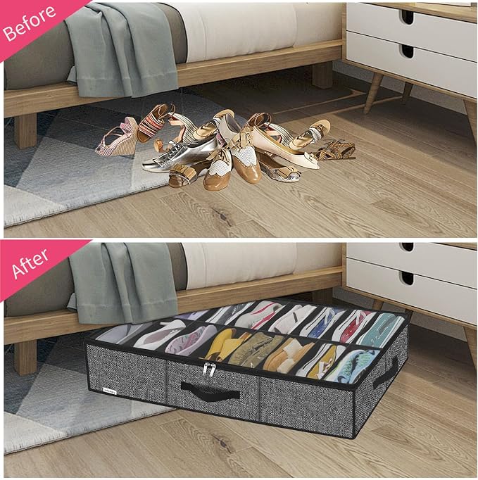 Onlyeasy Sturdy Under Bed Shoe Storage Solution Organizer For Closet Fit 16x2 Pairs, Underbed Shoes Container Bags with Reinforced Handles, Breathable, Linen-like Black, MXAUBS16P2