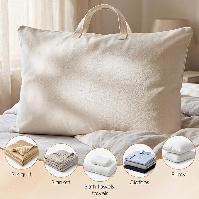 2 Pack Travel Pillow and Blanket Bags, 100% Cotton Canvas Pillow Storage Bag with Handles for Airplane Home, Heavy Duty Breathable Organizer for Bedding Linens, Pillow Bag for Traveling(2,20"x36")