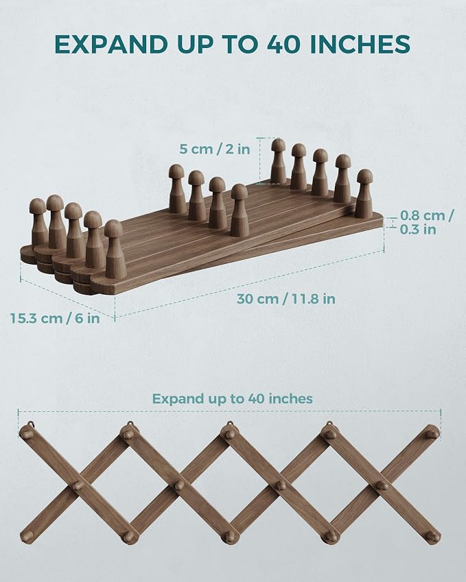 OROPY Accordion Wall Hanger with 14 Pegs, Expandable Wooden Coat & Hat Rack | Walnut Color, Hat Display Rack, X Shape Rack for Coat, Hats, Bags, Baseball Caps, Coffee Mug, Jewelry