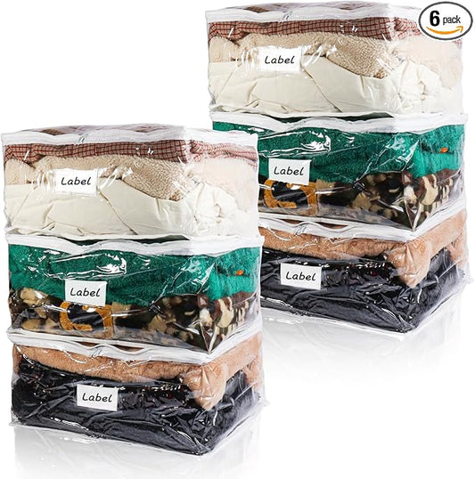 Clear Zippered Plastic Clothes Storage Bags, 6 Pack, White | Clear Storage Bags with Zipper Plastic Storage Bags for Clothes Sweaters Blankets Sheets, Size: 18 x 15 x 9 Inch