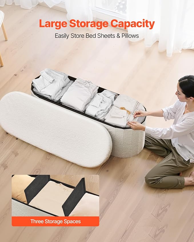 VEVOR Oval Storage Ottoman Bench, Foldable Teddy Fleece End of Bed Bench, Folding Upholstered Bed Ottoman Chest with Large Storage Space, Supports 660 lbs, for Living Room, Bedroom, Entryway, Beige
