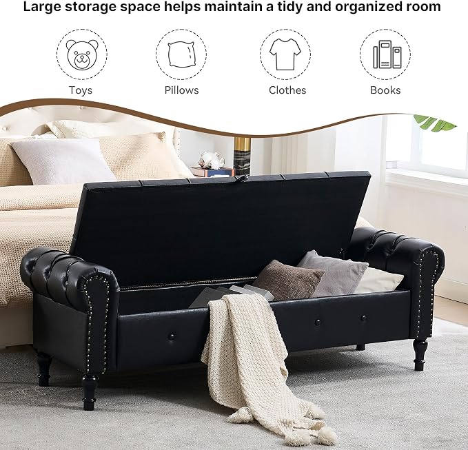 Storage Bench 67" Faux Leather End of Bed Benches Obsidian Black | King Size Storage Bench for Bedroom with Rolled Arms Tufted Ottoman Benches Upholstered Bench for Living Room Entryway