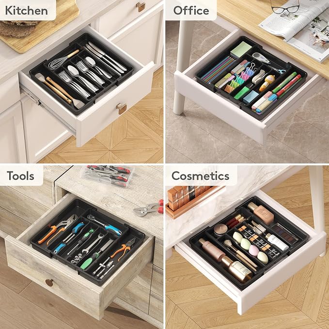 Lifewit Expandable Silverware Organizer, Plastic Utensil Tray for Kitchen Drawer, BPA Free Flatware Cutlery Holder, Space-Saving Storage for Spoons Forks Knives, 8-13.8 x 11.2 x 1.4 inch, Black