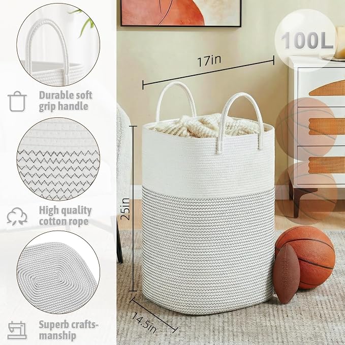Laundry Basket,Woven Cotton Rope Laundry Hamper,Versatile Storage for Dirty Clothes,Baby Toys,and Blankets in Bathroom, Nursery,and Living Room (White, 100L)