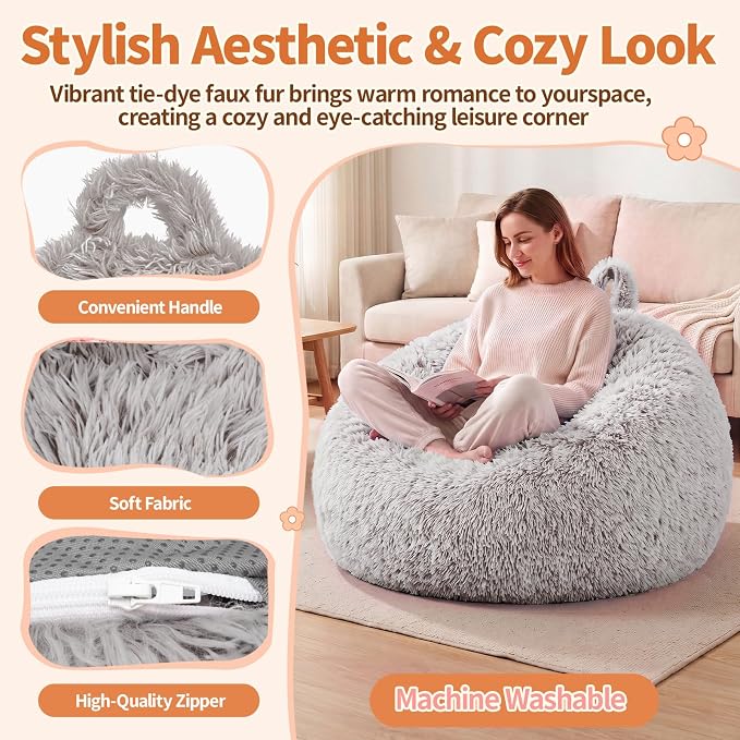 Stuffed Animal Storage Bean Bag Chair Cover, Soft Bean Bag Cover | Fluffy Faux Fur Stuffed Animal Storage Chair, Non-Slip Bottom, Fill with Plush Toys or Blankets, for Adults Teens Kids Girls