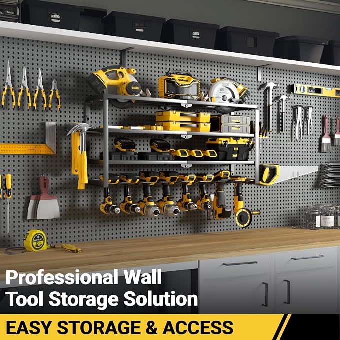 YYR 4 Layer Power Tool Organizer Wall Mount, Cordless Drill Hanger Storage Rack, Battery Tools Holder with Charging Station Shelf for Garage Organization, Workshop, Pegboard, Shed - 32 Inch 8 Slots