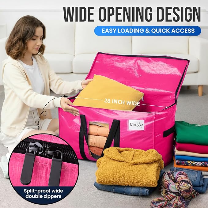 TAILI 8 Pack Pink Extra Large Moving Bags, Heavy Duty Totes with Visible Window, Wrap Around Handles, Space-Saving Storage, Alternative to Moving Boxes