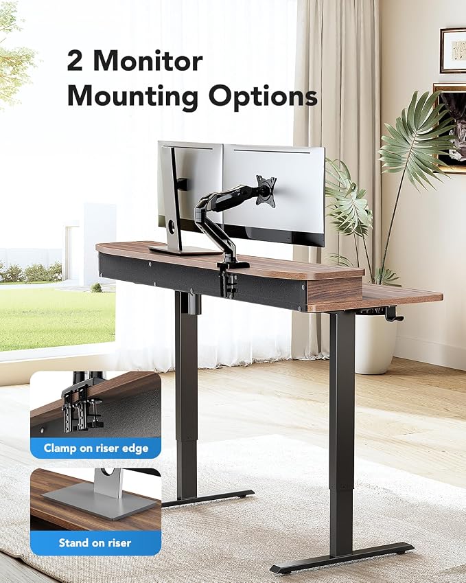 HUANUO 60″ x 30″ Electric Standing Desk with 2 Drawers, C-Clamp Mount Compatible, Height Adjustable Computer Desk, Home Office Stand Up Desk with 4 Preset Heights & 2 Hooks, Walnut