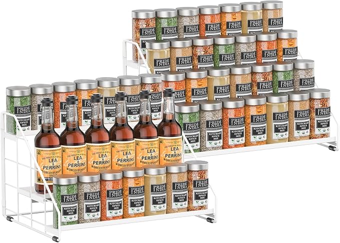 Spice Rack Organizer for Cabinet, 4 Tiered Spice Rack Organizer, Tiered Adjustable Spice Shelf for Kitchen (White-2Pcs)