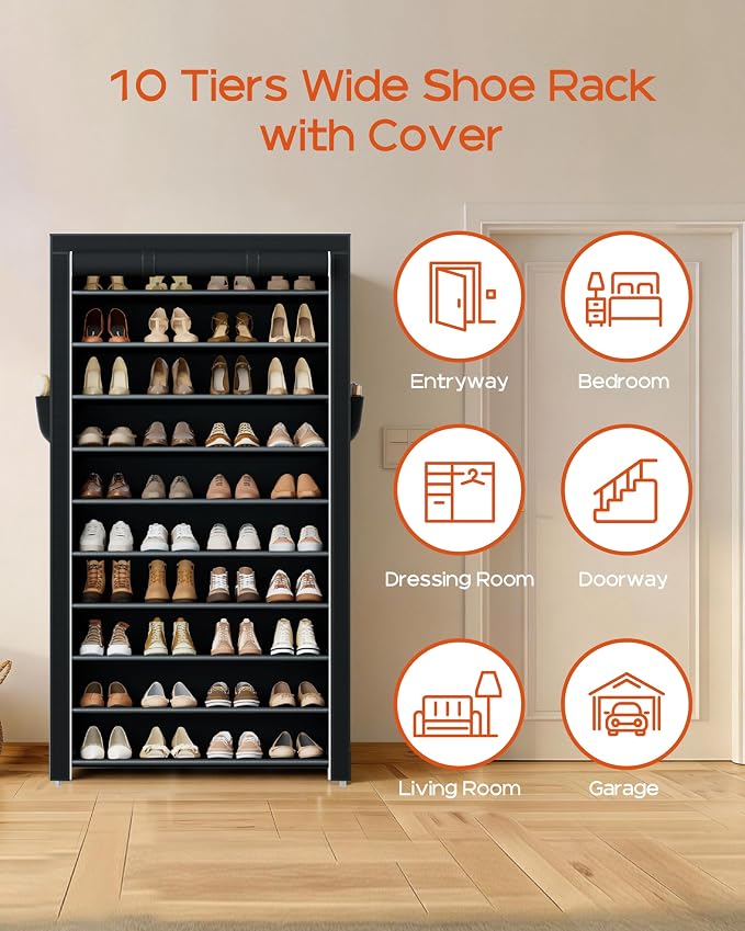 CASAMAYA Shoe Rack with Covers, 10 Tiers Tall Shoe Rack Organizer, Large Capacity Shoe Shelf Storage, Hold 30 Pairs of Shoes, Vertical Shoe Storage Organizer for Closet, Entryway, Black, SRT103B01