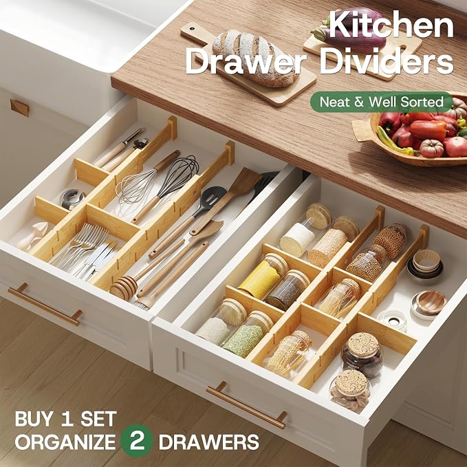 kiplant Kitchen Drawer Dividers - Adjustable Drawer Organizer for Clothes, Kitchen, Closet & Office - 4 Pack with Inserts, 18-22.6 Inches, Non-Slip Silicone Ends