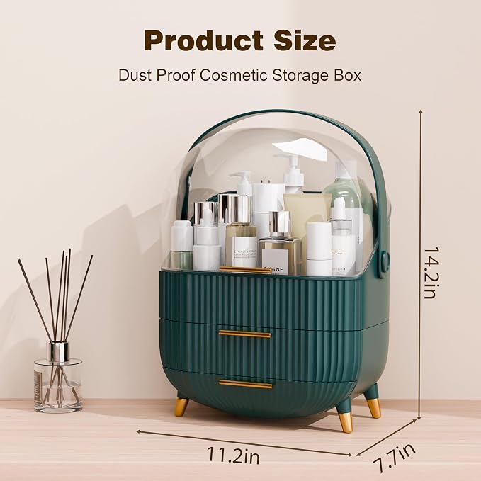 lurcns Makeup Organizers and Storage Make up Organizer for Vanity Cosmetics Skincare With Lid and Drawers Display Cases for Countertop Bathroom Women Teenager Girl Gifts(Dark Green)