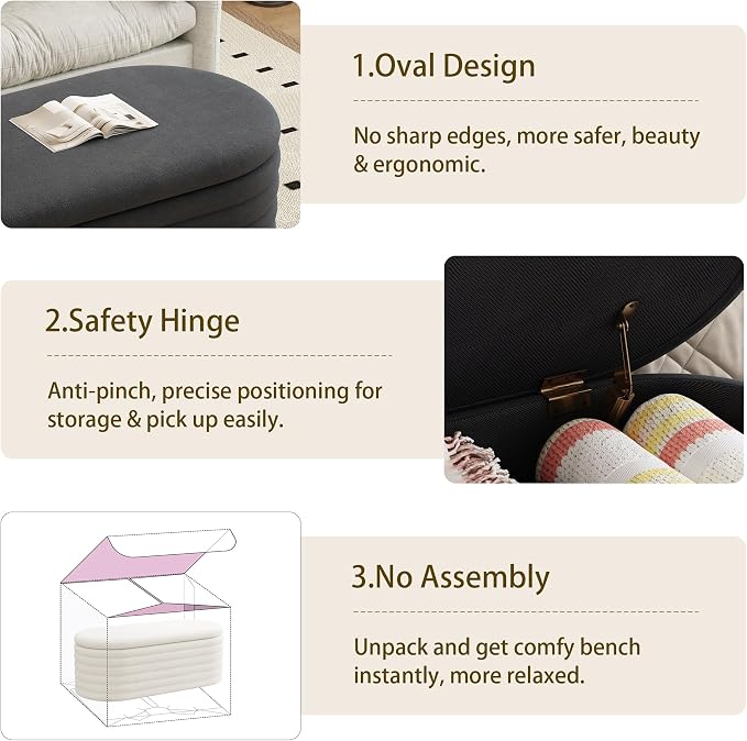 Ball & Cast Storage Ottoman Bench, 40" Chenille Upholstered Storage Bench for Bedroom End of Bed,Oval Ottoman with Storage,Entryway Bench with Safty Hinges for Living Room,Black