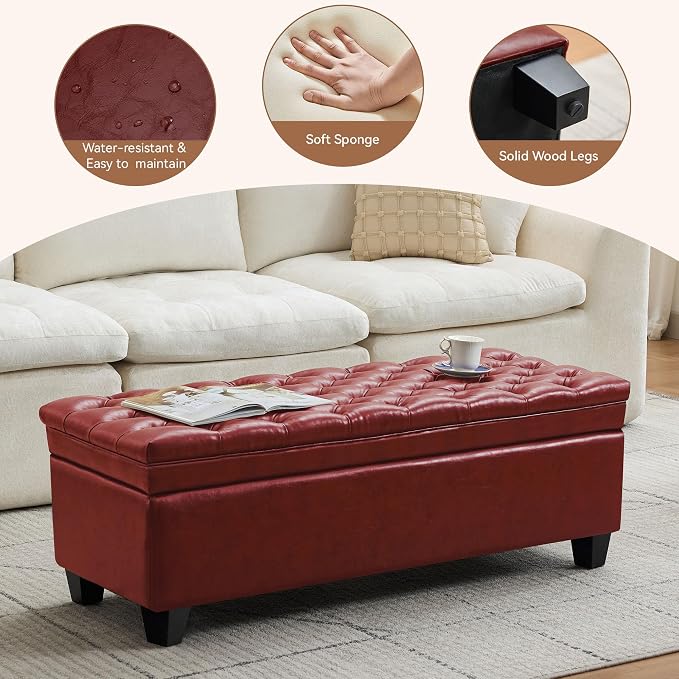 WUTUTUEE 50" Faux Leather Storage Ottoman Bench, End of Bed Upholstered Rectangle Storage Ottoman Tufted Living Room Bedroom Bench with Safety Hinge, Solid Wood Legs, Loads 500 lb(Red)