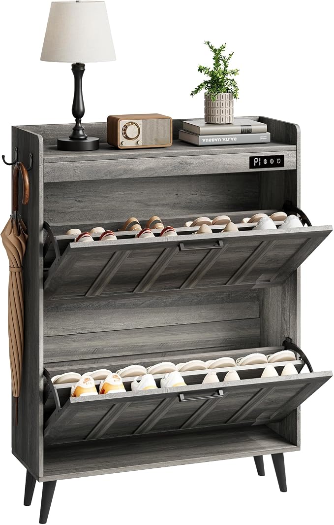 ChooChoo Shoe Storage Cabinet with 2 Flip Drawers and Deodorizer | Shoe Organizer Storage for Entryway, Freestanding Hidden Slim Narrow Shoe Rack Cabinet, Grey